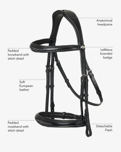 LeMieux Kudos Competition Black Bridle - Anatomical Headpiece, Detachable Flash, Padded Noseband, Show Quality Horse Bridle