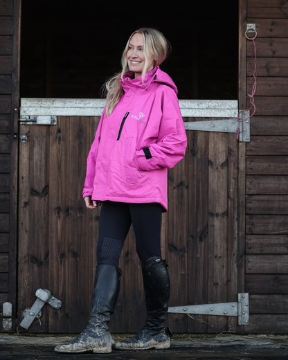Woman in Pink EQUIDRY Waterproof Jacket Riding Outfit Outdoor Barn Equestrian Fashion