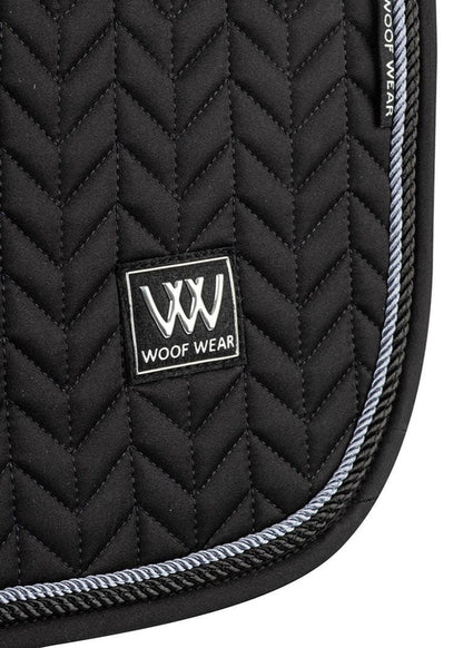 Woof Wear Herringbone Close Contact Saddle Pad - Black. Quilted horse riding saddle pad with silver logo and rope trim.